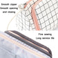 Canvas pencil case detail shot of zipper track and stitched edging; white grid with pink trim