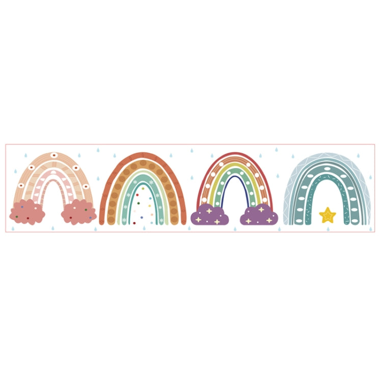 Rainbow border sticker strip with four pastel arches, clouds, and small confetti dots