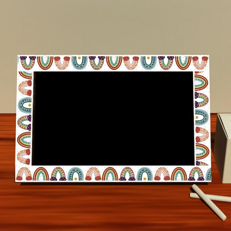 Rainbow border sticker frame with colorful arch pattern around a black chalkboard