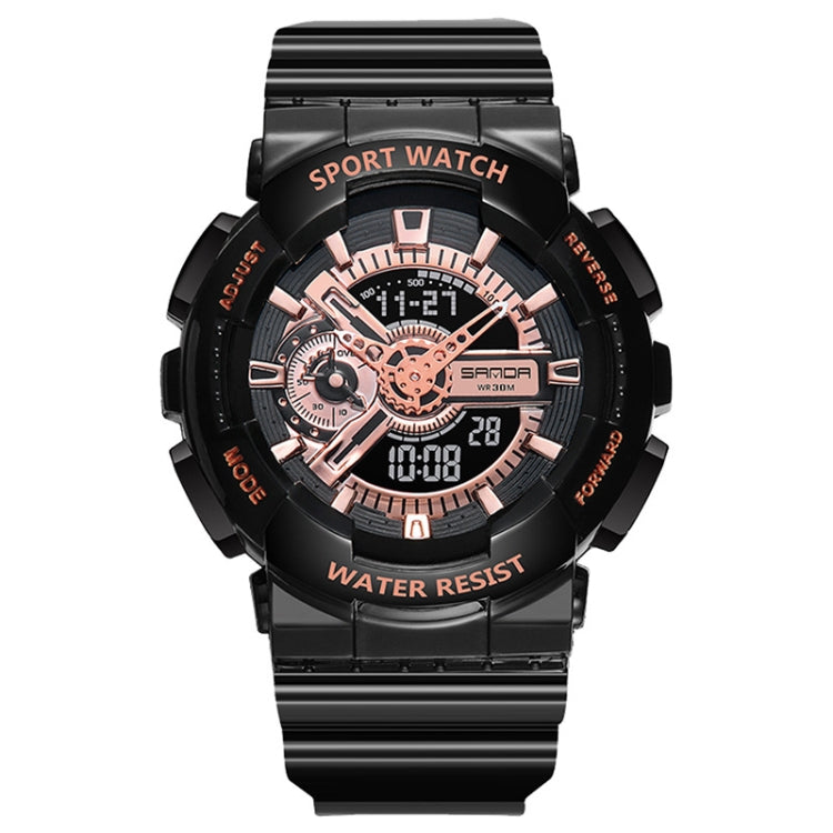 Waterproof luminous sport electronic watch, black case with rose-gold dial, rubber strap