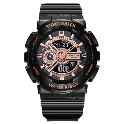 Waterproof luminous sport electronic watch, black case with rose-gold dial, rubber strap