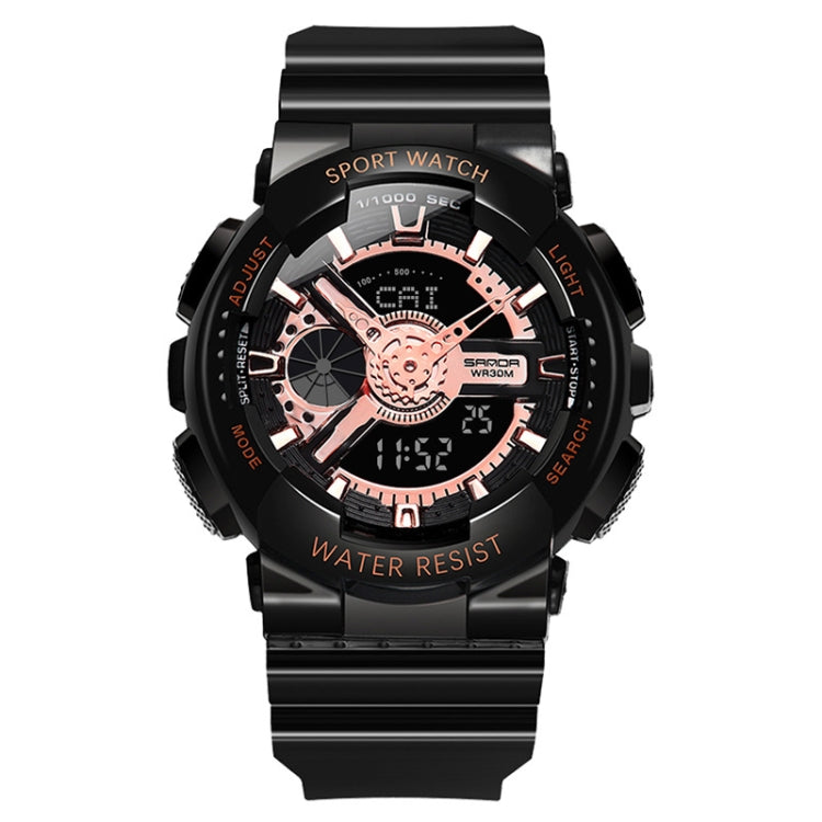 Waterproof luminous sport electronic watch, black case with rose-gold skeleton dial