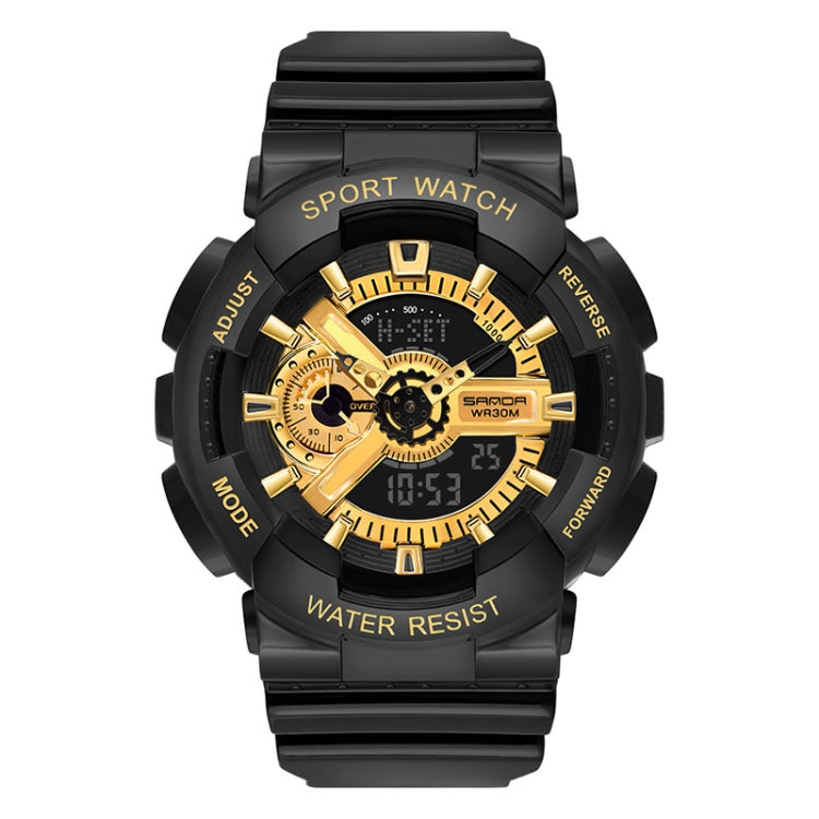 Waterproof luminous sport electronic watch, black with gold dial, rubber strap