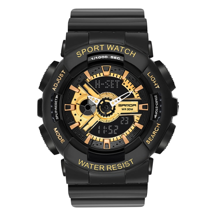 Waterproof luminous sport electronic watch, black with gold dial and gray rubber strap