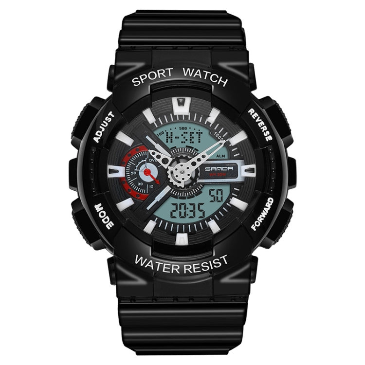Waterproof luminous sport electronic watch, black dial with red and green accents, rubber strap