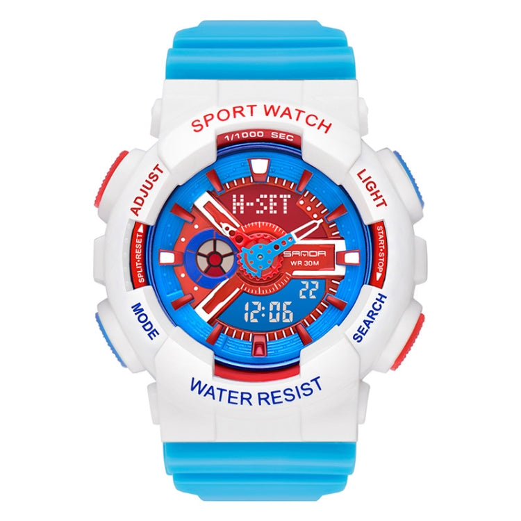 Waterproof luminous sport electronic watch, white case with blue dial and blue rubber strap