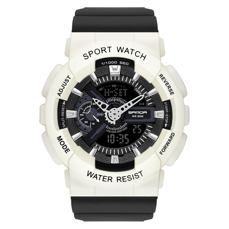Waterproof luminous sport electronic watch, white case with black dial, black rubber strap