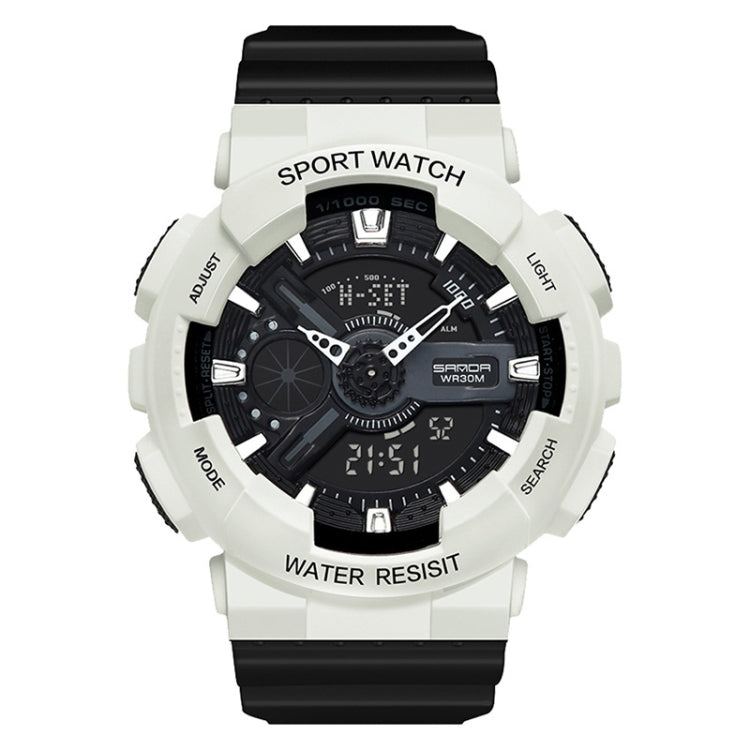 Waterproof luminous sport electronic watch, white case with dark dial, black rubber strap