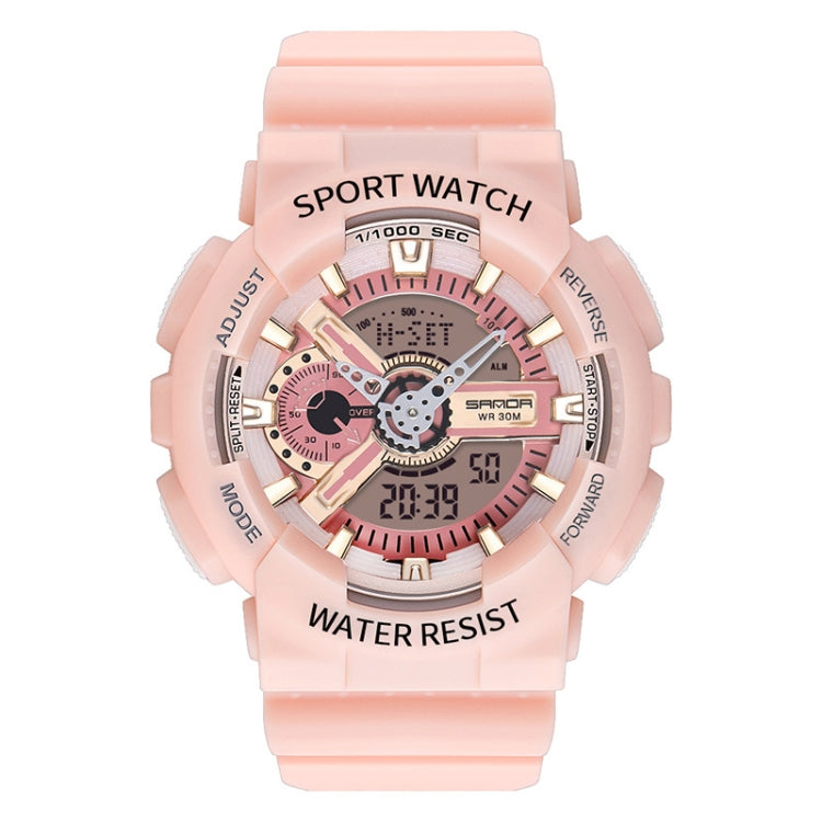 Pink silicone sport digital watch with gold-tone bezel, sporty multi-function dial