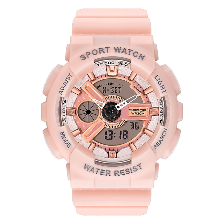 Pink silicone waterproof sport watch with rose-gold bezel and multi-dial display