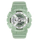Green silicone waterproof sport digital watch with silver-tone bezel and skeleton dials