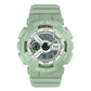 Green silicone waterproof sport watch with silver bezel, blue digital time display