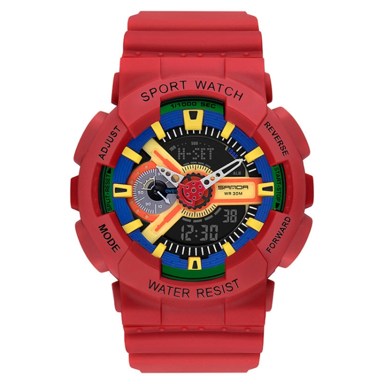 Red silicone waterproof sport digital watch with colorful ring accents and black face