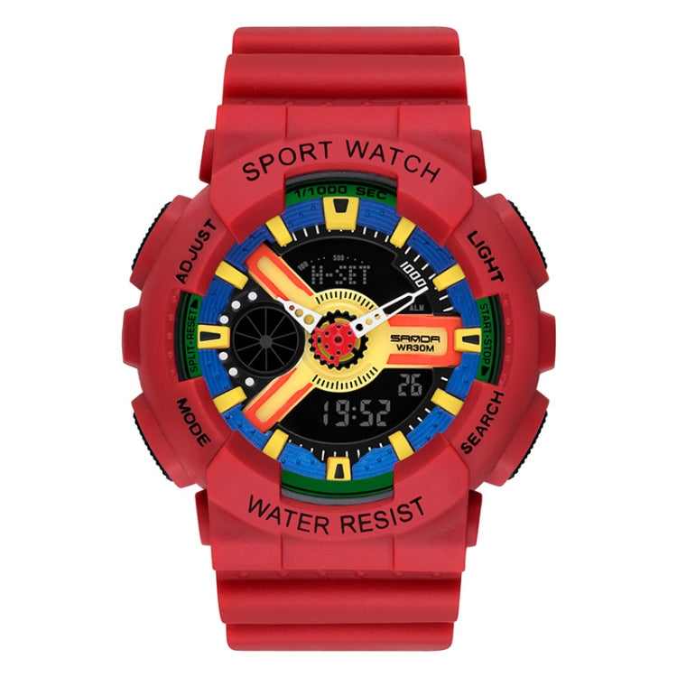 Red silicone waterproof sport watch with gold-tone markers, colorful bezel, black dial