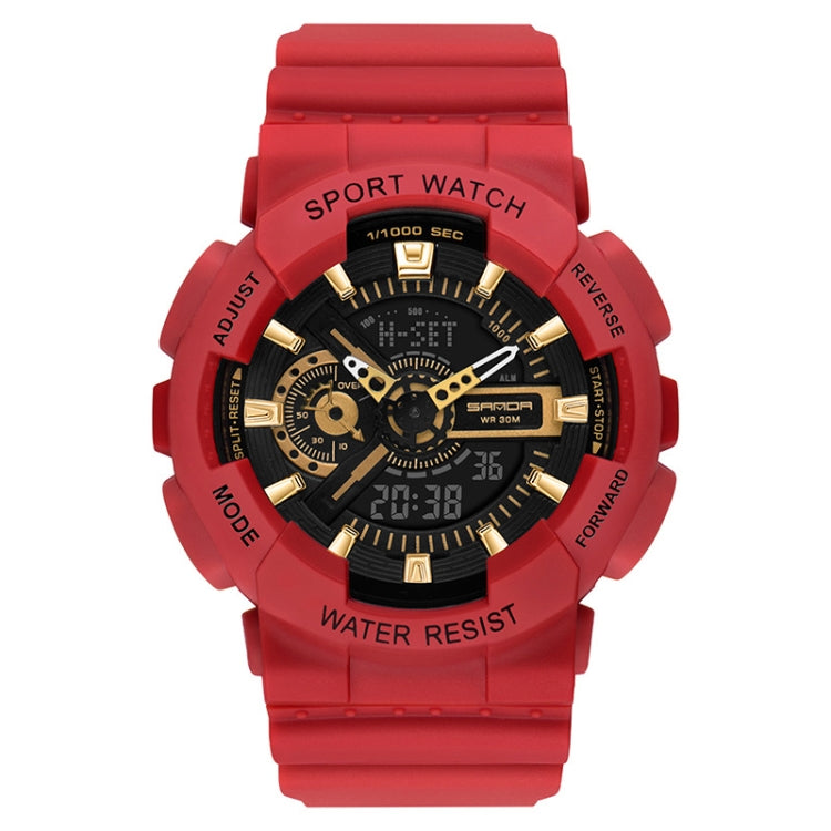 Red silicone waterproof sport watch with black face and gold-tone bezel accents
