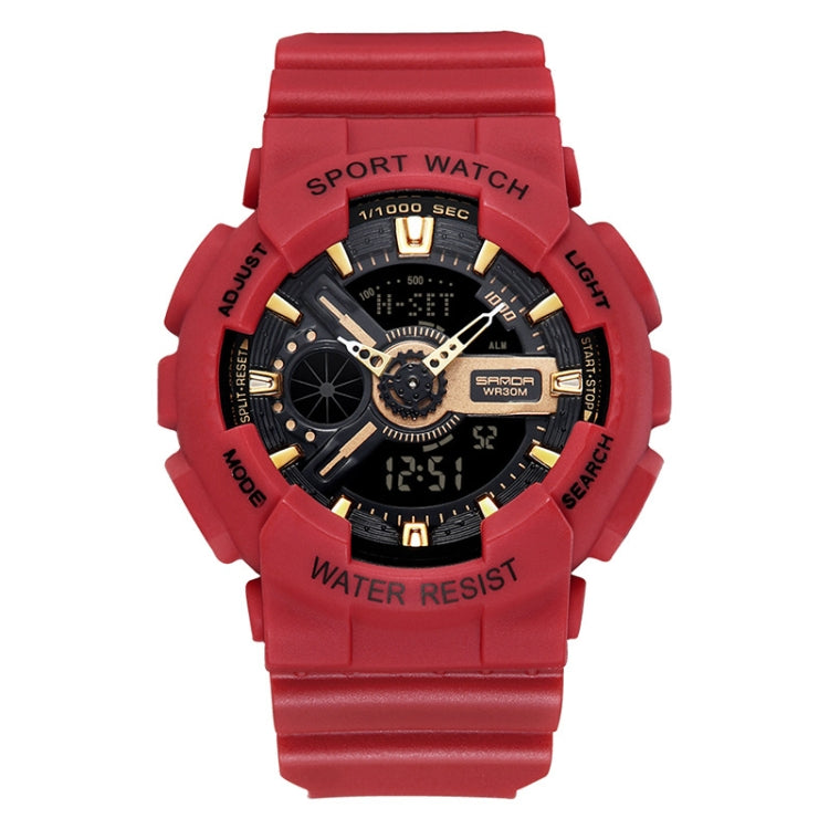Red silicone waterproof sport digital watch with black dial and gold-tone details