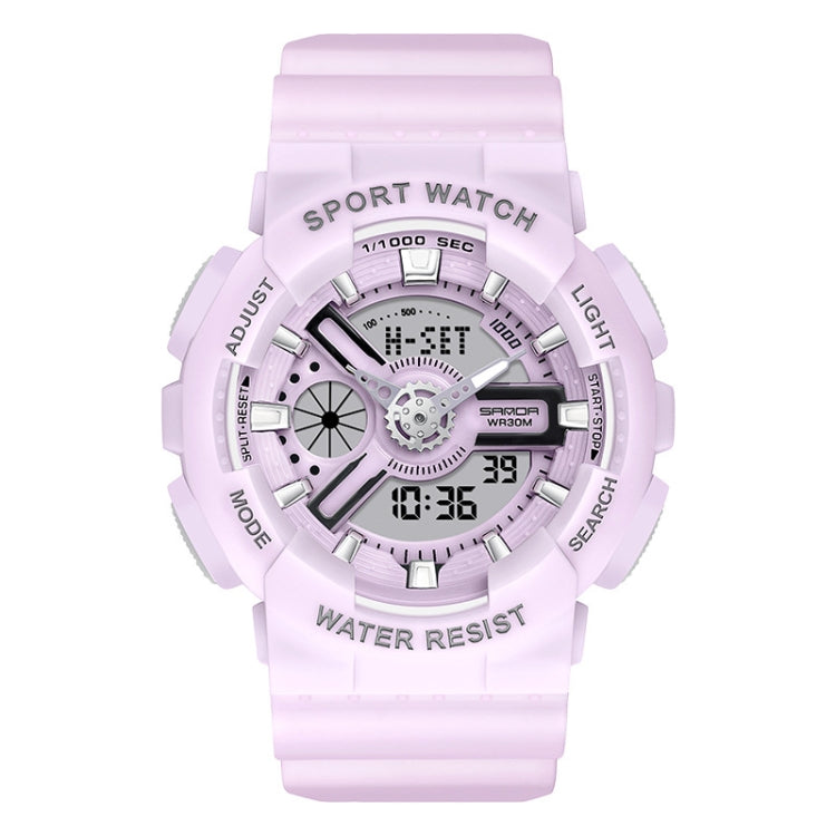 Light purple silicone waterproof sport watch with silver bezel and purple digital readout