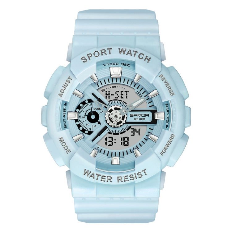 Light blue waterproof luminous digital sport watch with textured bezel and analog-style dial