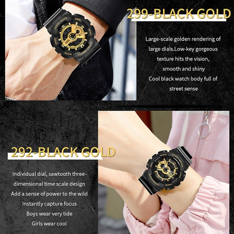 Black gold waterproof luminous sport watch with gold-toned gear-style dial and black strap