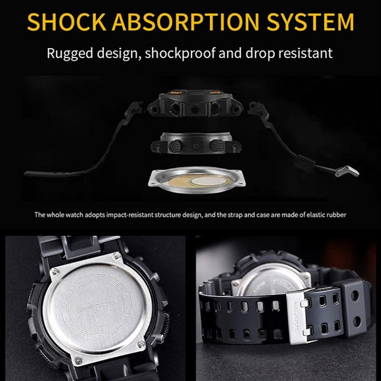 Rugged shockproof sport watch with black strap and visible caseback