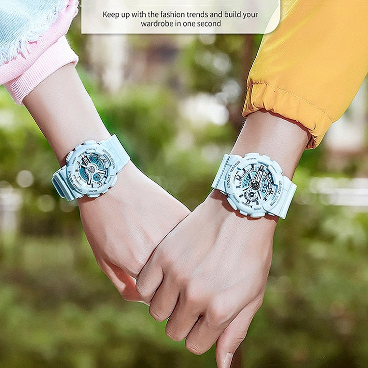 Pair of light blue waterproof luminous sport watches on wrists with chunky rubber straps