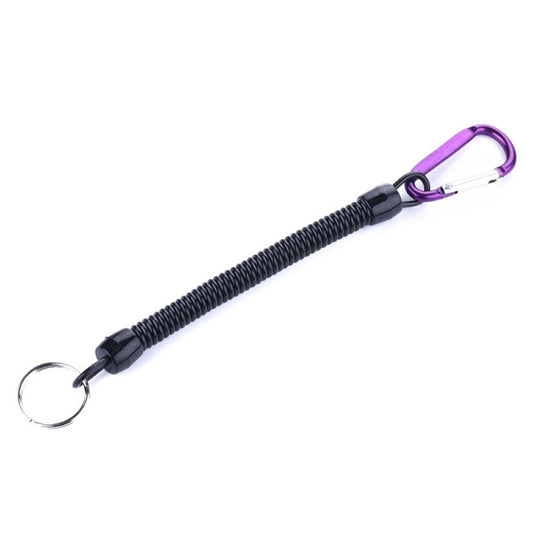 Black fishing hand rope with purple carabiner and metal keyring loop
