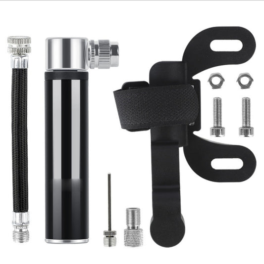 Portable mini bicycle pump, black aluminum cylinder with valve head and mounting kit