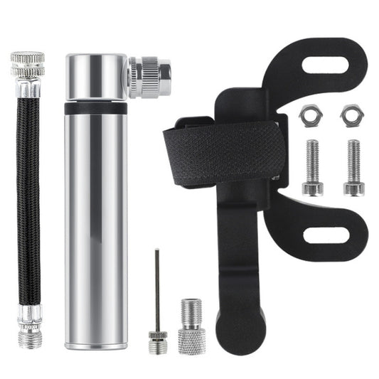 Portable mini bicycle pump, silver aluminum cylinder with valve head and mounting kit
