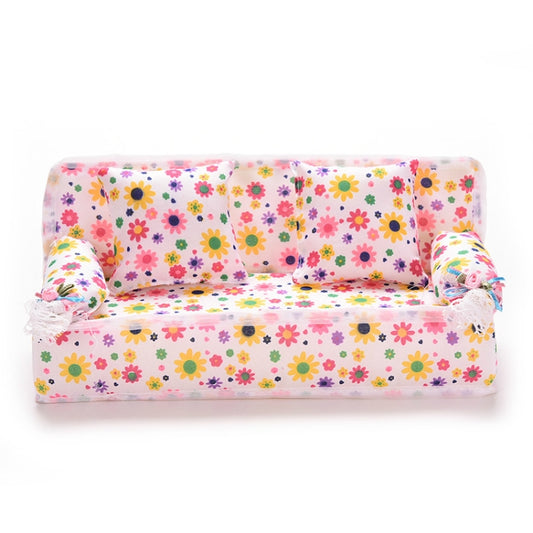 Mini dollhouse fabric sofa with colorful floral print and two back cushions