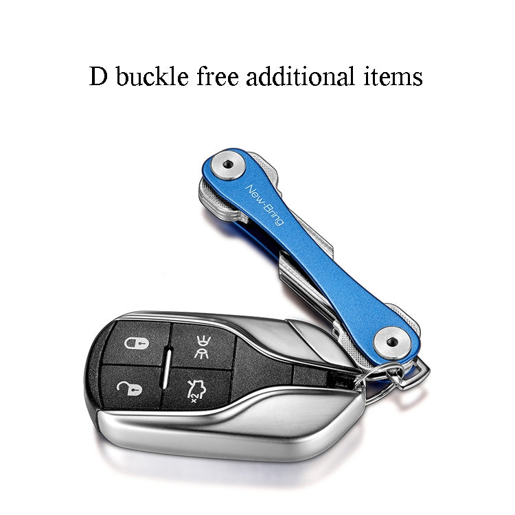 Blue emergency tool keychain attached to a key fob, with folded metal key tools