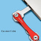 Red metal folding emergency tool keychain with ring loop and storage clip