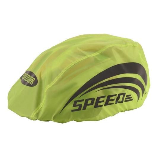 Cycling helmet rain cover in fluorescent green with Speedo logo on the side