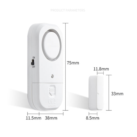 Wireless magnetic door/window alarm with magnetic contact, size diagram view