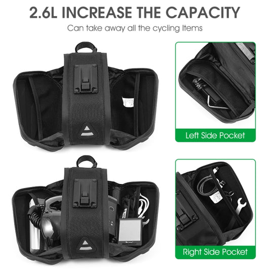 Black bicycle tail bag open with inner compartments and adjustable strap divider.