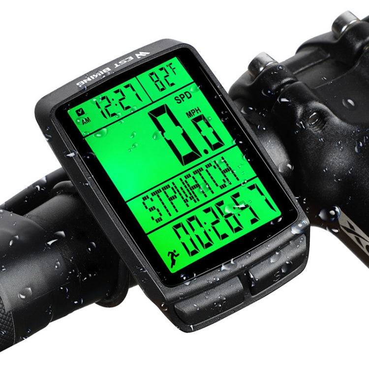 Waterproof bike computer with green LCD display, mounted on black handlebar holder