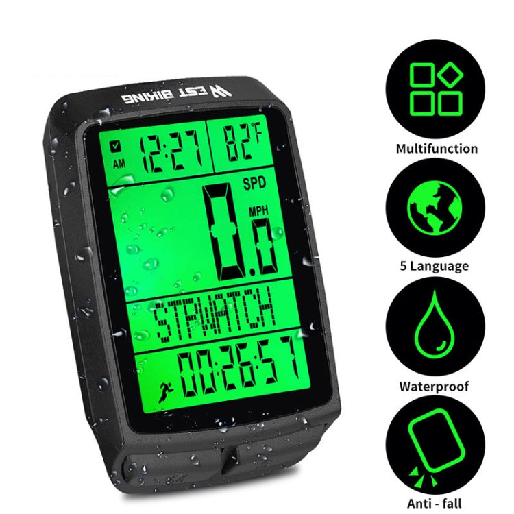 Waterproof bike computer with green screen in case, anti-fall mount icons shown
