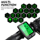 Bike multifunction odometer display with green screen showing ride metrics