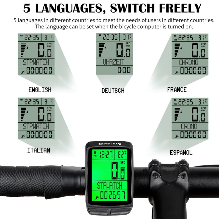 Bike speedometer with green LCD and handlebar mount, five-language display support