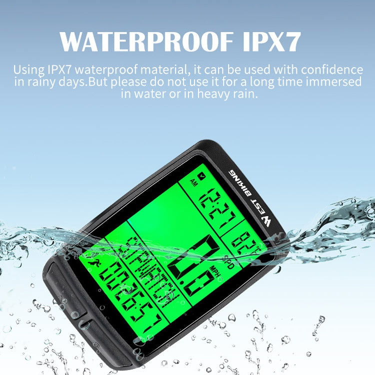 Waterproof bike computer with green LCD screen in splash-proof housing