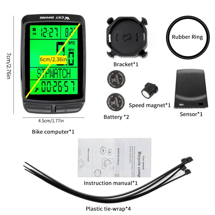 Bike computer package: handlebar unit, sensor, magnets, bracket, battery, and ties
