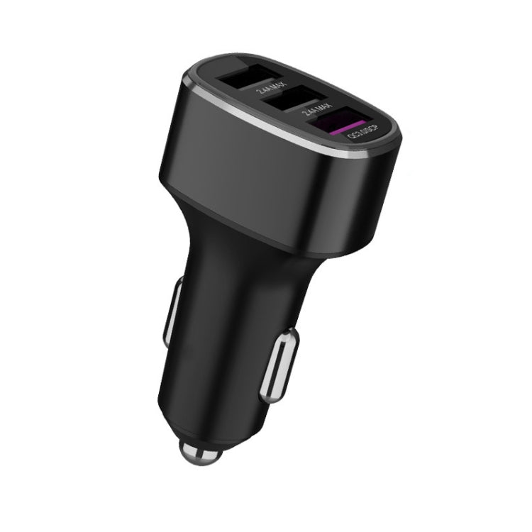 Car USB car charger with three ports, black body and silver top ring