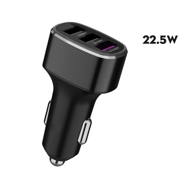 Car USB car charger with three ports, black body, 22.5W power shown