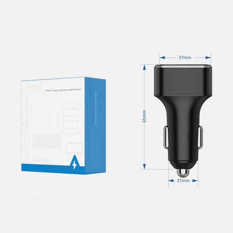 Car USB car charger with three ports, with height and width size measurements