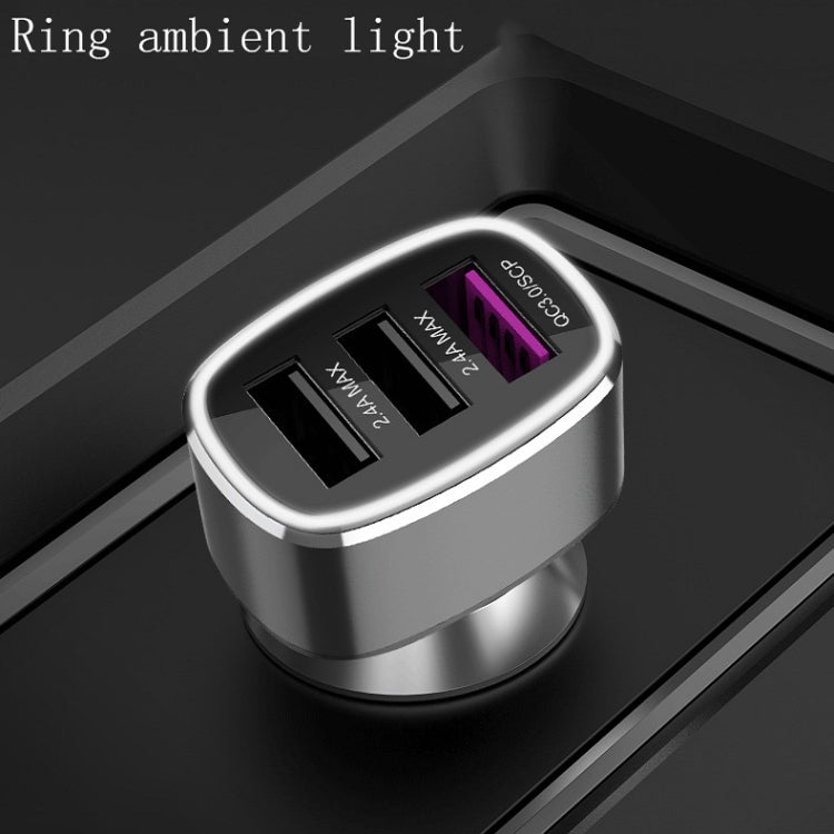 Car USB car charger with three ports, purple-lit charging indicators on top