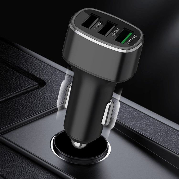 Car USB car charger with three ports, mounted in car cigarette-lighter socket