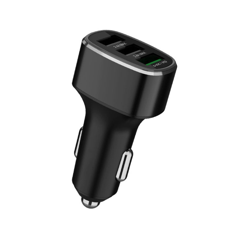 Car USB car charger with three ports, black body with charging indicator