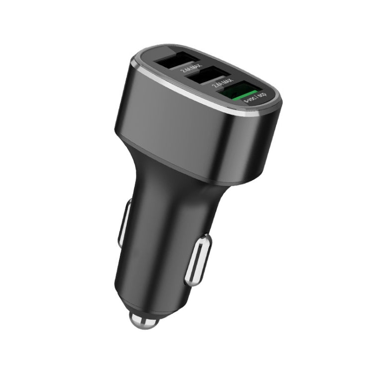 Car USB car charger with three ports, dark gray body and silver top edge