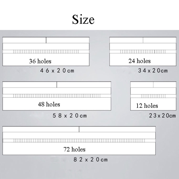 Pen roll size chart: 12–72 holes with hole layouts and dimensions.