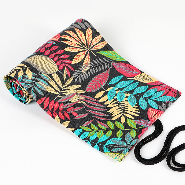 Fallen leaves canvas pen roll opened flat, black tie cord on side