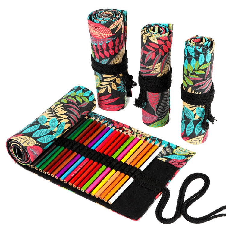 Leaf-pattern canvas pen roll set with colored pencils and black tie cords